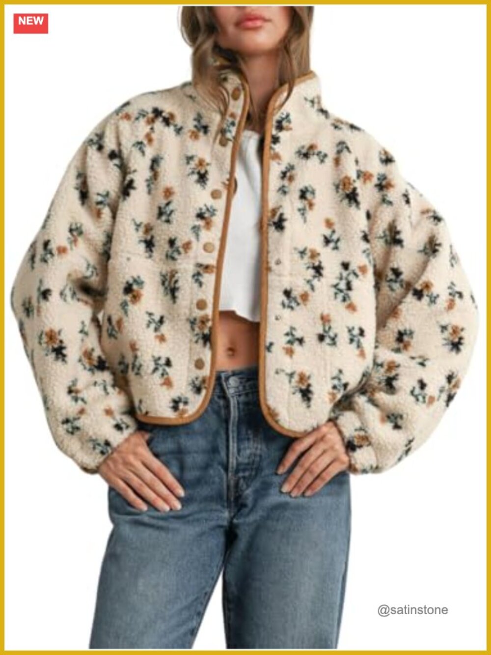 Womens Florals Print Fuzzy Faux Fur Teddy Jacket Snap Button Winter Coat - Picture 1 of 6